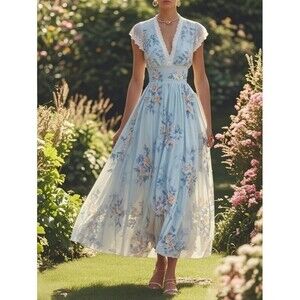 FEHAUTE Light Blue Floral Chiffon V-Neck Maxi Dress Women 6 Lace Cap Sleeve NEW
